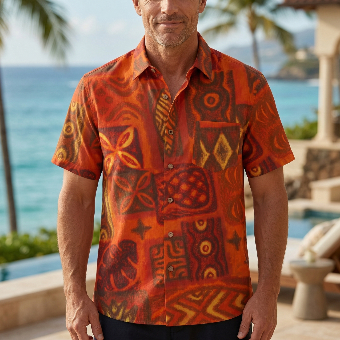LeosWare® Men's Hawaiian Shirt Short Sleeve Button-up Premium polyester fabric Aloha Ember Tiki