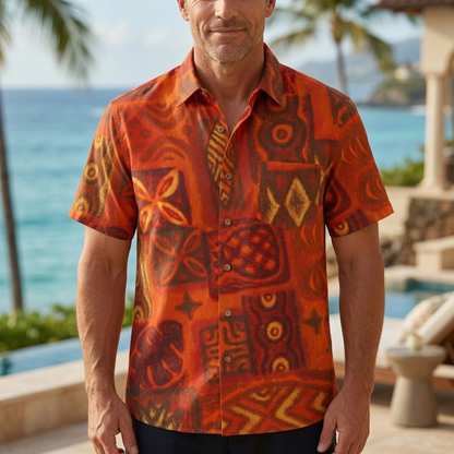 LeosWare® Men's Hawaiian Shirt Short Sleeve Button-up Premium polyester fabric Aloha Ember Tiki