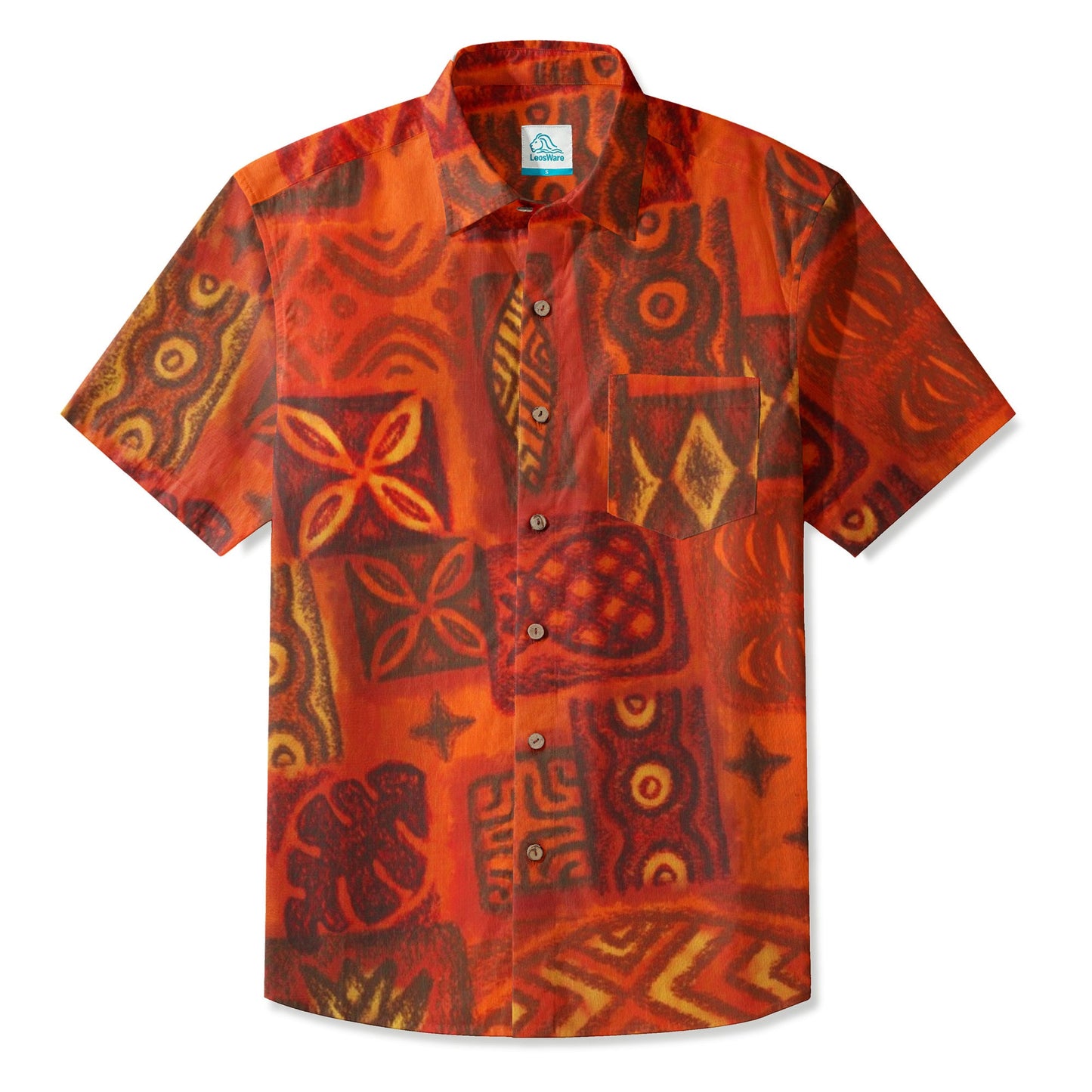 LeosWare® Men's Hawaiian Shirt Short Sleeve Button-up Premium polyester fabric Aloha Ember Tiki